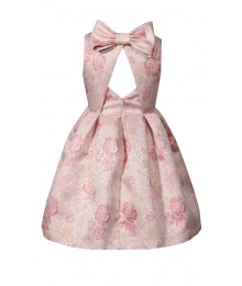 Bonnie Jean Gold Wt Pink Floral Petals Back Bow Open Back Pleated Dress 